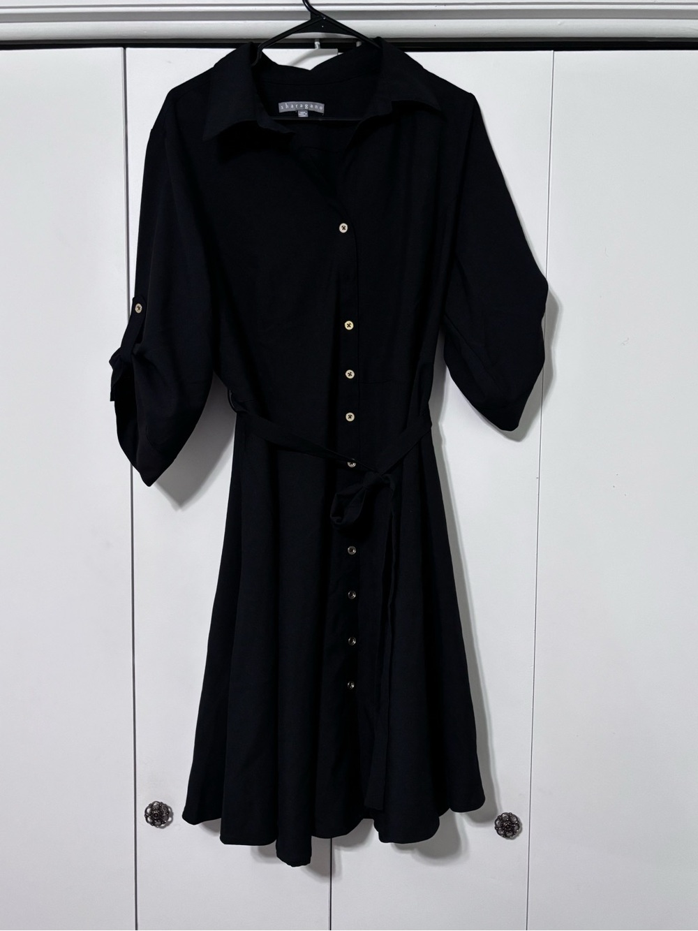 Sharagano Black Button-Front Belted Midi Shirt Dress